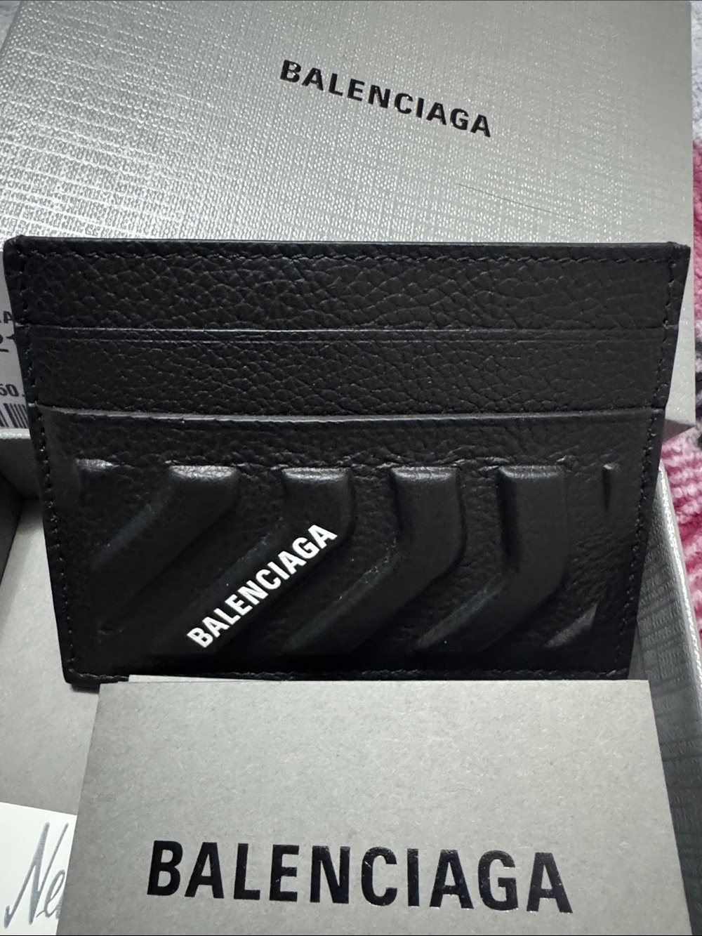 Balenciaga Black Textured Leather Card Holder with Embossed Chevron - Picture 5 of 6